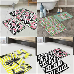 Set of 2 Flamingo Bath Mat|Non-Slip Bathroom Decor|Zigzag and Floral Flamingo Rug|Rectangle Kitchen Floor Mat|Decorative Shower Entrance Rug