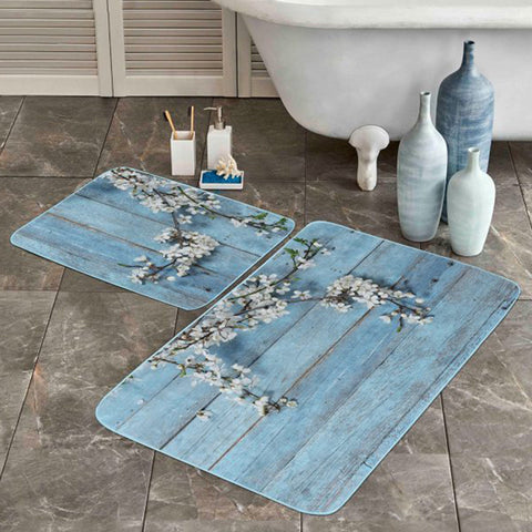 Set of 2 Floral Bath Mat|Non-Slip Bathroom Decor|Decorative Bath Rug|Bird and Flower Print Floor Mat|Rectangle Shower, Home Entrance Carpet