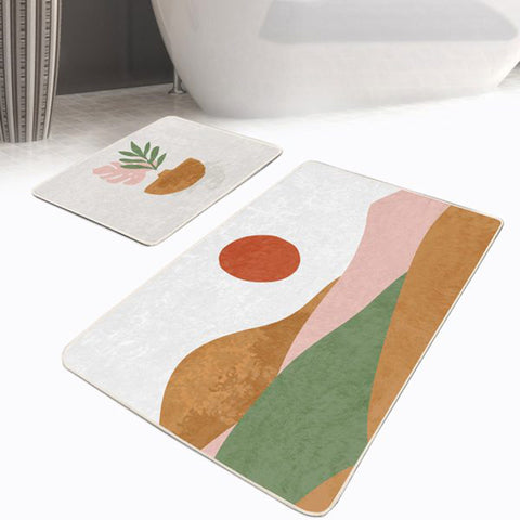 Set of 2 Abstract Sun Bath Mat|Non-Slip Bathroom Decor|Decorative Bath Rug|Abstract Shapes Floor Mat|Rectangle Shower Home Entrance Rug