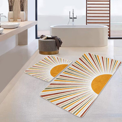 Set of 2 Abstract Sun Bath Mat|Non-Slip Bathroom Decor|Decorative Bath Rug|Abstract Shapes Floor Mat|Rectangle Shower Home Entrance Rug