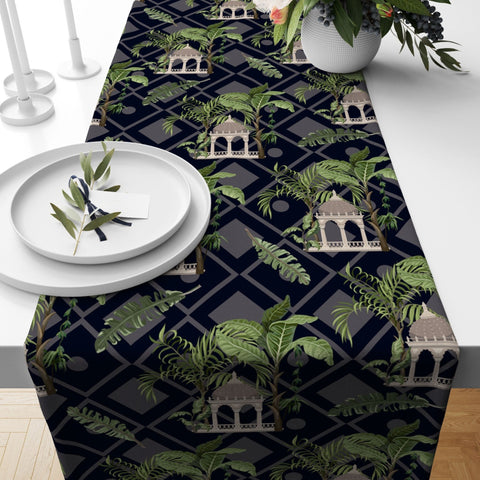 Tropical Table Runner|Animal Print Tablecloth|Green Leaves and Animals Home Decor|Elephant, Zebra and Tiger Print Tabletop|Palm Tree Runner