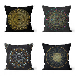 Mandala Pillow Cover|Geometric Cushion Case|Decorative Gold Black Mandala Pillowcase|Rustic Home Decor|Mosaic Design Authentic Cushion Case