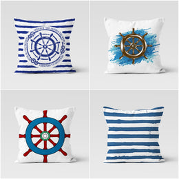 Nautical Pillow Case|Navy Marine Pillow Cover|Decorative Nautical Cushions|Wheel Throw Pillowcase|Blue White Navy Home Decor|Nautical Decor