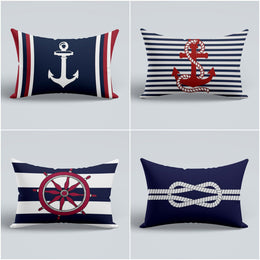 Nautical Pillow Case|Navy Anchor and Wheel Pillow Cover|Decorative Sailor Tie Cushion|Rectangle Beach House Decor|Striped Coastal Cushion