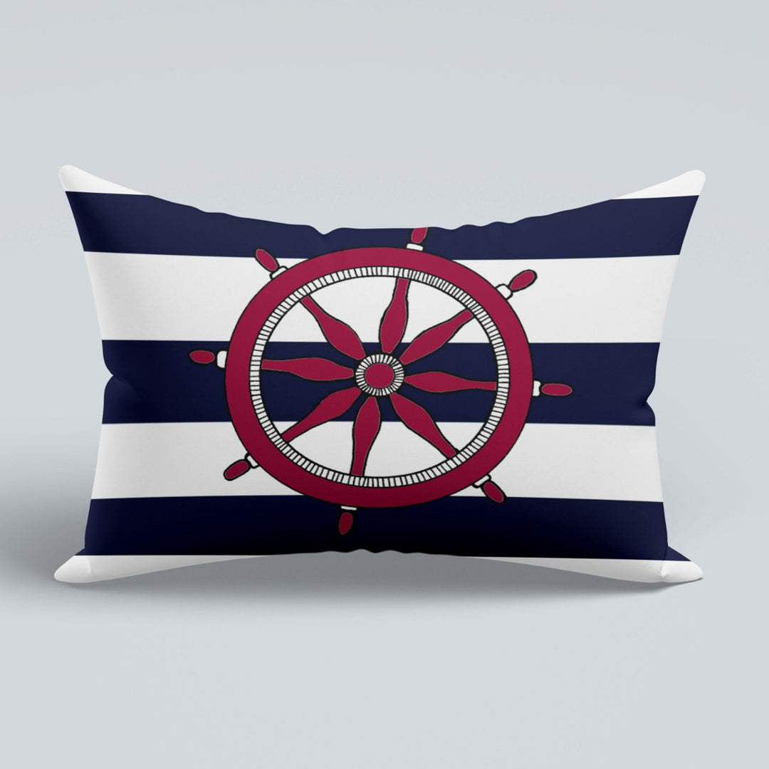 Nautical Pillow Case|Navy Anchor and Wheel Pillow Cover|Decorative Sailor Tie Cushion|Rectangle Beach House Decor|Striped Coastal Cushion