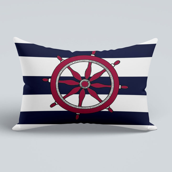 Nautical Pillow Case|Navy Anchor and Wheel Pillow Cover|Decorative Sailor Tie Cushion|Rectangle Beach House Decor|Striped Coastal Cushion