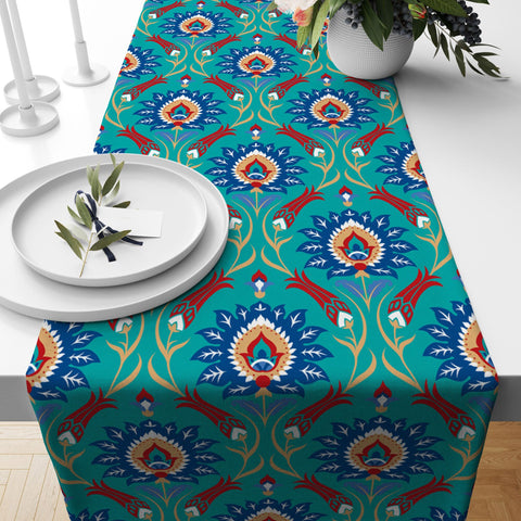 Tulip Table Runner|Geometric Authentic Table Top|Tulip Tile Pattern Ethnic Home Decor|Farmhouse Style Floral Tablecloth|Summer Trend Runner