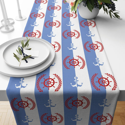 Nautical Table Runner|Striped Wheel and Compass Tabletop|Navy Anchor Tablecloth|Navy Marine Table Centerpiece|Decorative Beach House Runner
