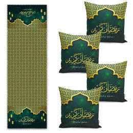 Set of 4 Islamic Pillow Covers and 1 Table Runner|Ramadan Kareem Home Decor|Religious Motif Print Tablecloth and Cushion|Gift for Muslims