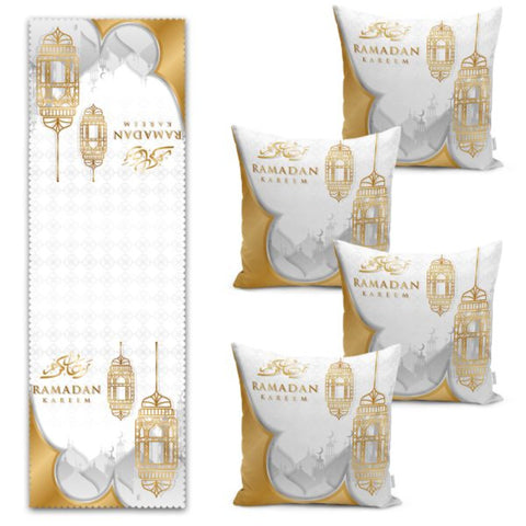 Set of 4 Islamic Pillow Covers and 1 Table Runner|Ramadan Lantern Tabletop|Ramadan Kareem Print Decor|Religious Motif Tablecloth and Cushion