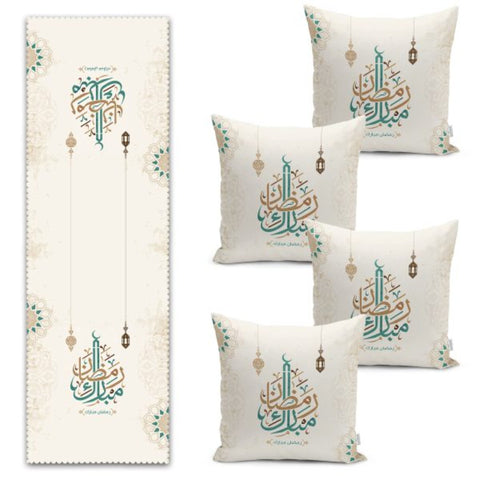 Set of 4 Islamic Pillow Covers and 1 Table Runner|Ramadan Mubarak Home Decor|Religious Motif Print Tablecloth and Cushion|Gift for Muslims