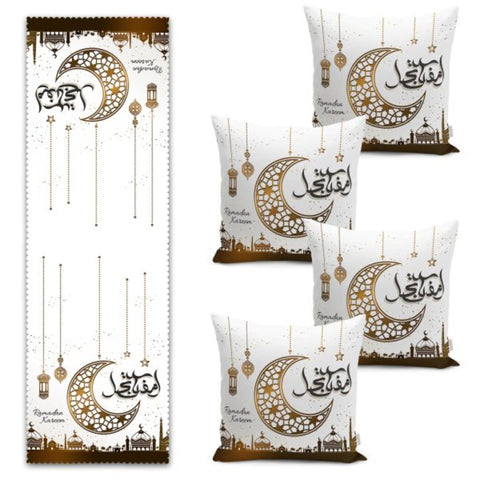 Set of 4 Islamic Pillow Covers and 1 Table Runner|Ramadan Kareem Home Decor|Religious Tablecloth and Cushion with Crescent with Mosque Print