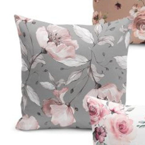 Set of 4 Floral Pillow Covers and 1 Table Runner|White Pink Rose Home Decor|Decorative Flower Painting Tabletop|Rose Cushion and Runner Set