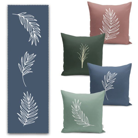 Set of 4 Onedraw Pillow Covers and 1 Table Runner|Abstract Leaves Home Decor|Decorative Leaf Drawing Tablecloth|Onedraw Cushion and Runner