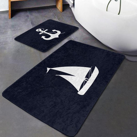 Set of 2 Nautical Bath Mat|Non-Slip Bathroom Decor|Anchor Bath Rug|Navy Marine Kitchen Floor Mat|Absorbent Shower and Home Entrance Carpet