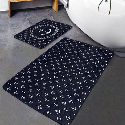 Set of 2 Nautical Bath Mat|Non-Slip Bathroom Decor|Anchor Bath Rug|Navy Marine Kitchen Floor Mat|Absorbent Shower and Home Entrance Carpet