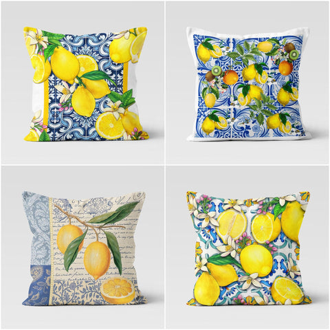 Floral Lemon Pillow Cover|Lemon on Tile Pattern Cushion Case|Housewarming Yellow Citrus Print Home Decor|Farmhouse Yellow Blue Pillow Case