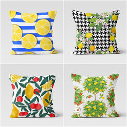 Floral Lemon Pillow Cover|Lemon with Geometric Pattern Cushion Case|Housewarming Yellow Citrus Print Home Decor|Striped Yellow Blue Pillow