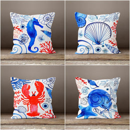 Beach House Pillow Case|Blue Seahorse Throw Pillow|Seashell and Red Lobster Decor|Starfish and Oyster Cushion Cover|Blue Red Nautical Decor