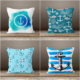 Anchor Cushion Cover|Decorative Nautical Pillow Case|Blue Turquoise White Navy Marine Pillowcase|Beach House Decor|Jellyfish Throw Pillow