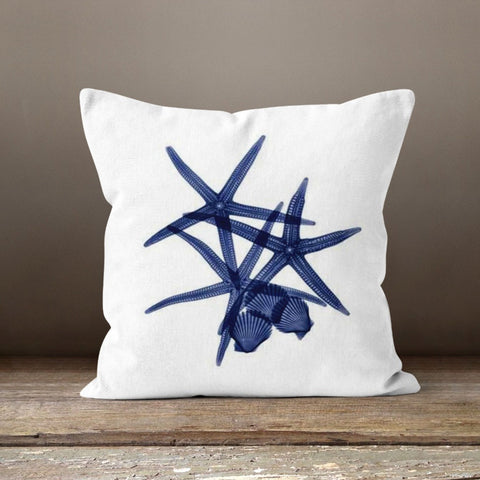 Starfish and Coral Pillow Case|Navy Marine Cushion Cover|Blue White Nautical Decor|Oyster and Fish Throw Pillow|Beach House Coral Pillowcase