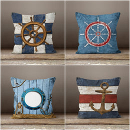 Nautical Pillow Case|Navy Anchor and Wheel Throw Pillow Cover|Decorative Beach House Cushion Case|Porthole and Navy Anchor Print Home Decor