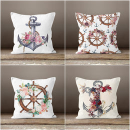 Nautical Pillow Case|Floral Anchor and Wheel Throw Pillow Cover|Decorative Beach House Cushion Case|Flowers with Anchor and Wheel Home Decor