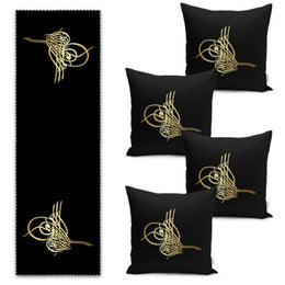 Set of 4 Ottoman Seal Pillow Covers and 1 Table Runner|Black Gold Home Decor|Religious Tablecloth and Cushion Cover Set|Gift for Muslims
