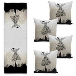 Set of 4 Whirling Dervish Pillow Covers and 1 Table Runner|Mosque Print Home Decor|Religious Tablecloth and Cushion Cover|Gift for Muslims
