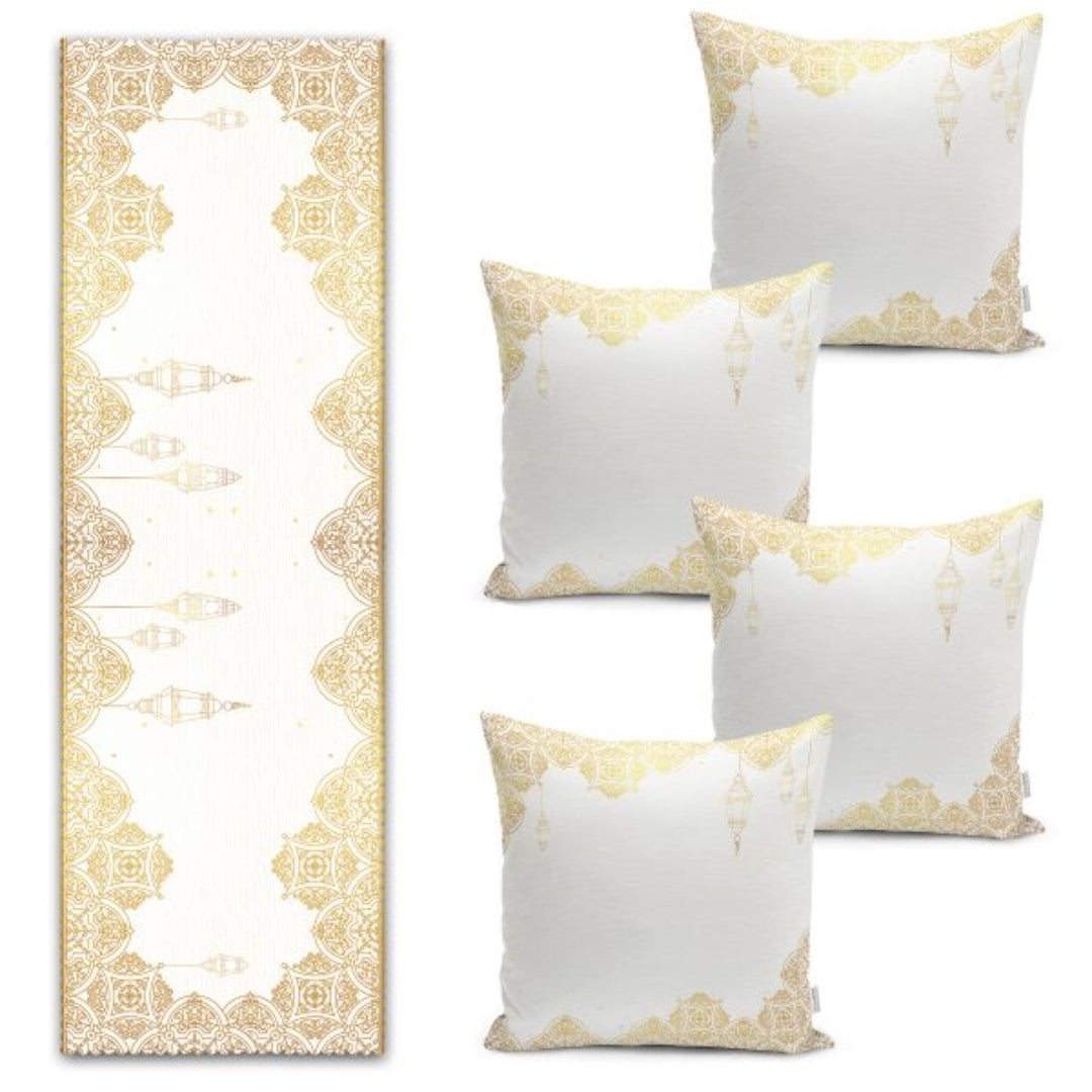 Set of 4 Islamic Motif Pillow Covers and 1 Table Runner|Gold White Ramadan Decor|Religious Tablecloth and Cushion Cover Set|Gift for Muslims