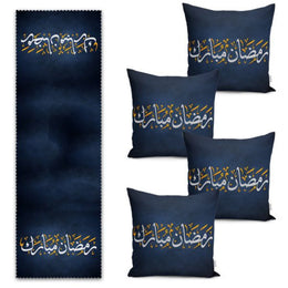 Set of 4 Islamic Pillow Covers and 1 Table Runner|Ramadan Mubarak Decor|Religious Ramadan Tablecloth and Cushion Case Set|Gift for Muslims