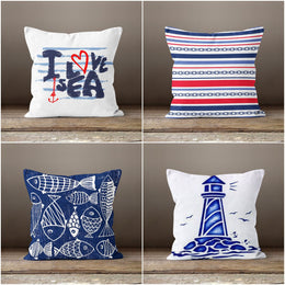 Nautical Cushion Cover|Decorative Coastal Pillow Case|Lighthouse and Fish Print Navy Marine Pillowcase|I Love Sea Print Throw Pillow Cover
