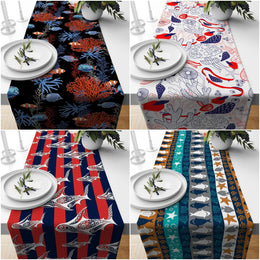 Beach House Table Runner|Fish Kitchen Decor|Decorative Coral Table Top|Striped Shark Home Decor|Starfish Print Tablecloth|Coastal Runner