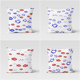 Beach House Pillow Case|Navy Marine Cushion Cover|Blue Red Fish Drawing Pillowcase|Fish Throw Pillow|Coastal Home Decor|Minimalist Cushion