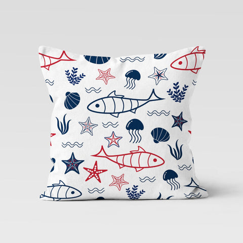 Beach House Pillow Case|Blue Red Fish Drawing Pillowcase|Jellyfish and Starfish Throw Pillow|Coastal Home Decor|Navy Marine Cushion Cover