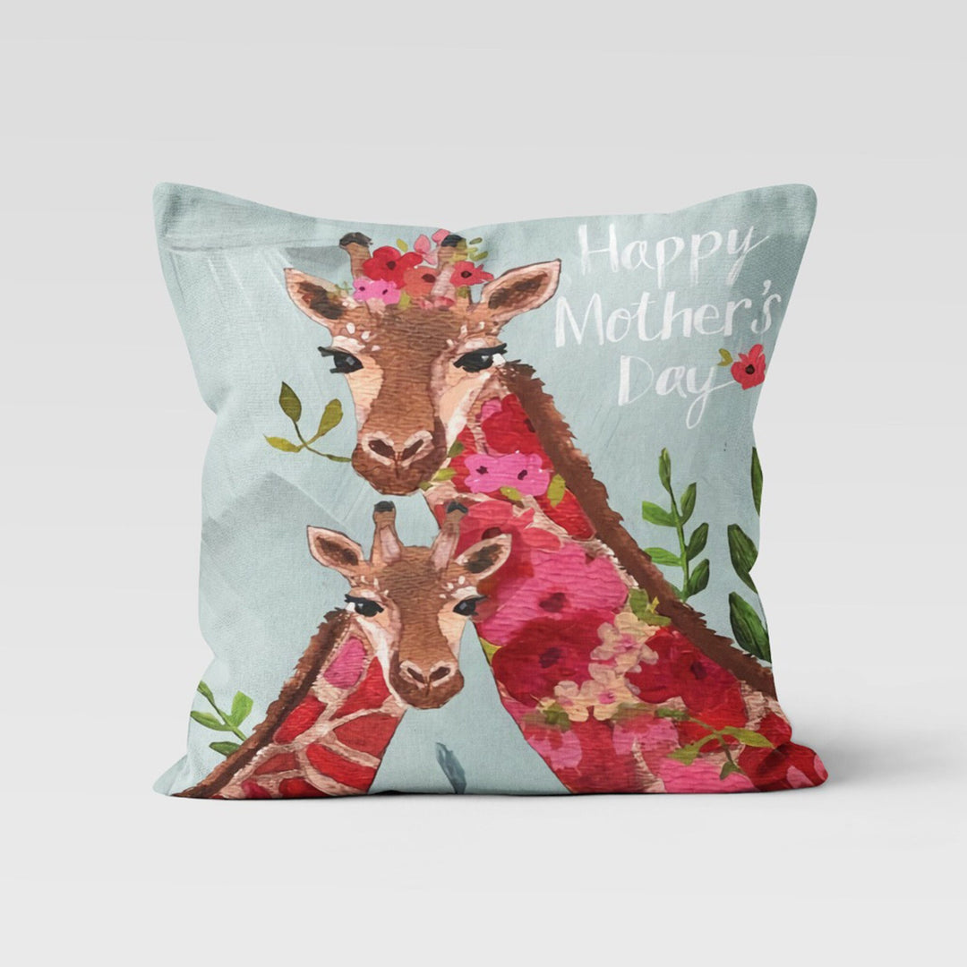 Happy Mother's Day Pillow Cover|I Love You Mom Cushion|Female Giraffe and Daughter Pillow with Red Heart|Koala Mom Cushion|Gift for Mother