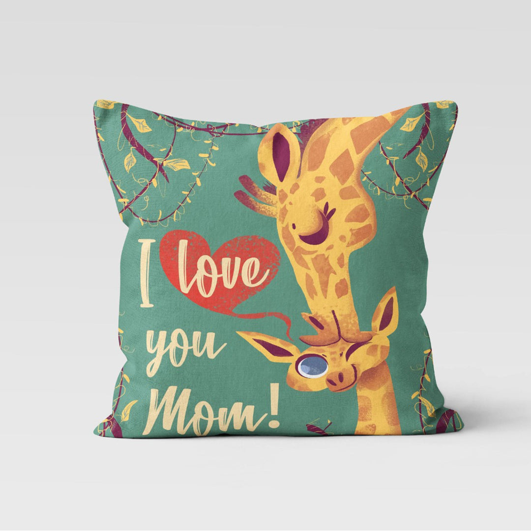 Happy Mother's Day Pillow Cover|I Love You Mom Cushion|Female Giraffe and Daughter Pillow with Red Heart|Koala Mom Cushion|Gift for Mother