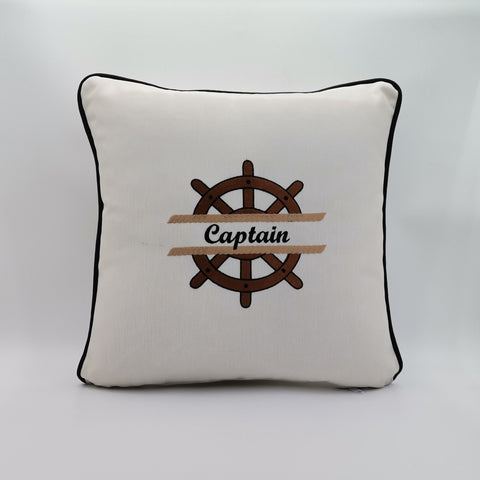 Embroidered Luxury Yacht Pillow Cover|Water Repellent Wheel Pillow|Abrasion Resistant Nautical Cushion Cover|Flame Retardant Captain Decor