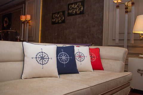 Embroidered Luxury Yacht Pillow Cover|Water Repellent Compass Pillowtop|Abrasion Resistant Nautical Cushion Cover|Flame Retardant Pillowcase