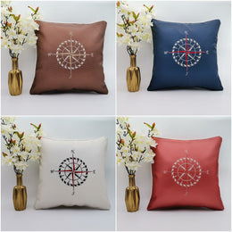 Embroidered Luxury Yacht Pillow Cover|Water Repellent Compass Pillow Case|Abrasion Resistant Nautical Cushion Cover|Faux Leather Pillow Top