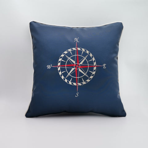 Embroidered Luxury Yacht Pillow Cover|Water Repellent Compass Pillow Case|Abrasion Resistant Nautical Cushion Cover|Faux Leather Pillow Top