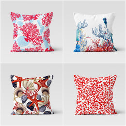 Beach House Pillow Case|Red Coral and Starfish Cushion|Blue Seahorse and Coral Pillowcase|Decorative Nautical Cushion|Coastal Throw Pillow