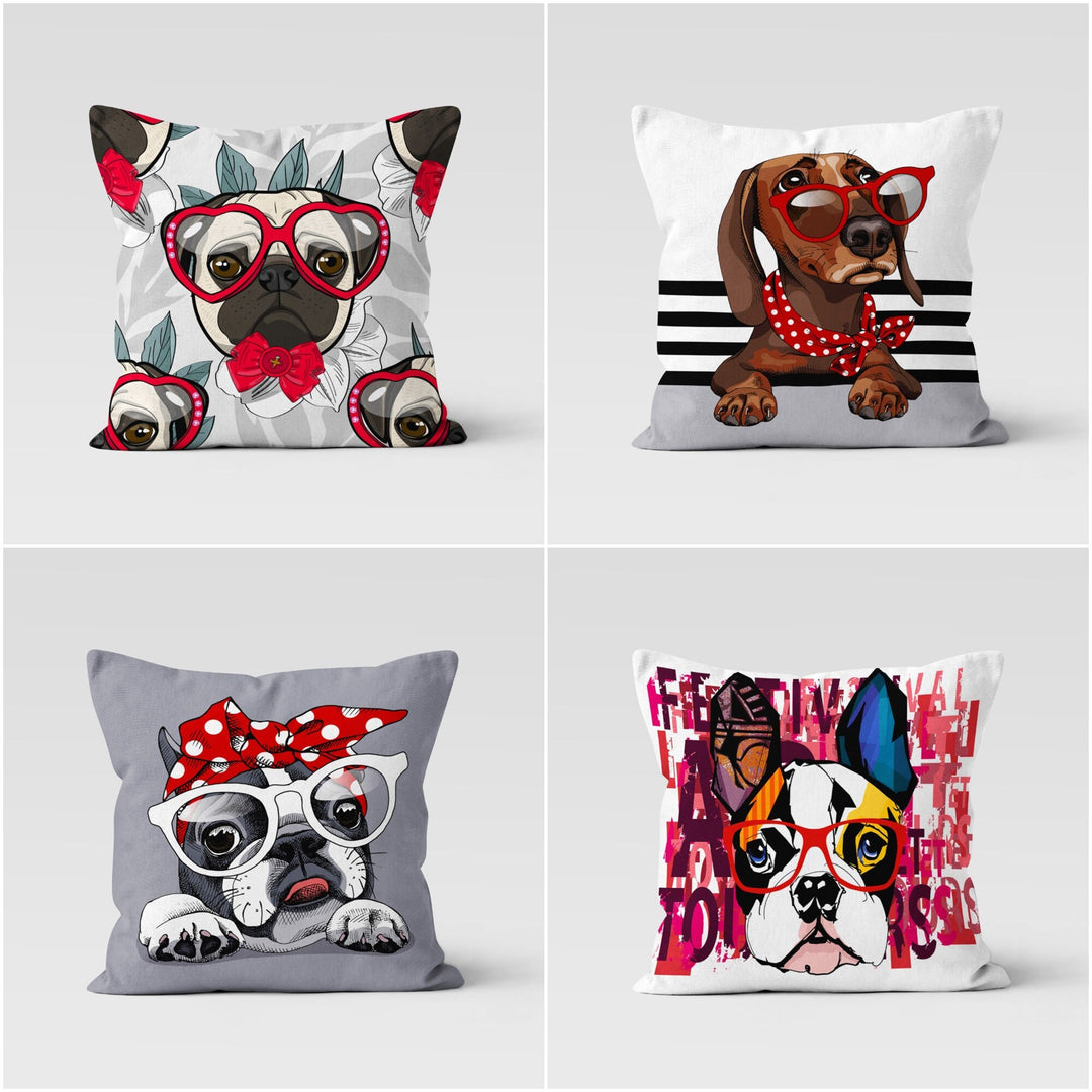 Cute Dogs Pillow Cover|Decorative Cushion Case|Dogs With Glasses and Bow Tie Pillowcase|Animal Print Farmhouse Style Throw Pillow Cover