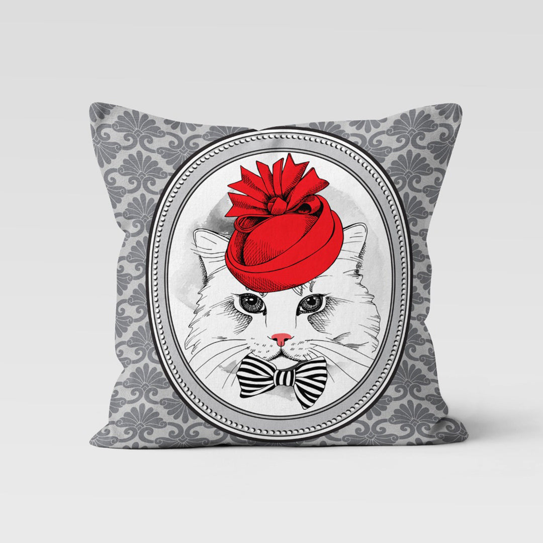 Cute Cat Pillow Cover|Cat with Red Hat Cushion Case|Farmhouse Style Throw Pillow Cover|Boho Bedding Decor|Animal Print Outdoor Pillowcase