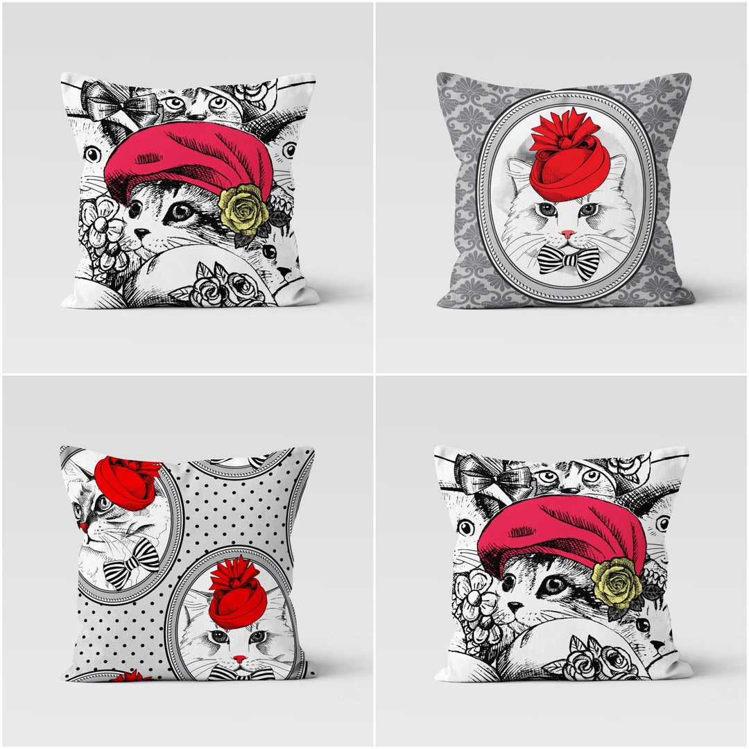 Cute Cat Pillow Cover|Cat with Red Hat Cushion Case|Farmhouse Style Throw Pillow Cover|Boho Bedding Decor|Animal Print Outdoor Pillowcase
