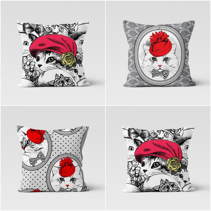 Cute Cat Pillow Cover|Cat with Red Hat Cushion Case|Farmhouse Style Throw Pillow Cover|Boho Bedding Decor|Animal Print Outdoor Pillowcase