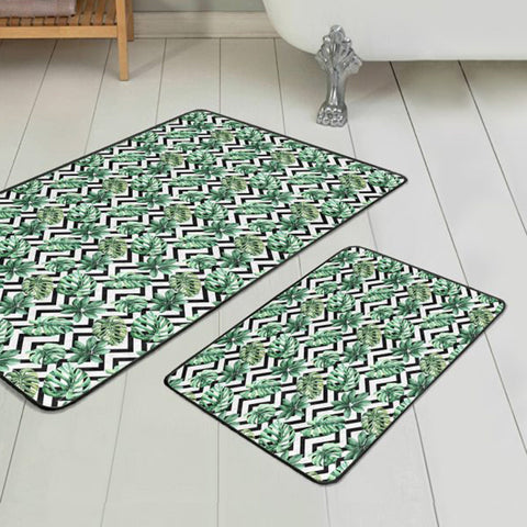 Set of 2 Green Leaves Bath Mat|Non-Slip Bathroom Decor|Tropical Bath Rug|Rectangle Kitchen Floor Mat|Absorbent Shower, Home Entrance Carpet