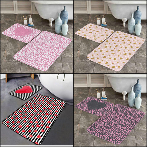 Set of 2 Valentine Bath Mat|Love Heart Bath Rug|Non-Slip Bathroom Decor|Rectangle Kitchen Floor Mat|Absorbent Shower, Home Entrance Carpet