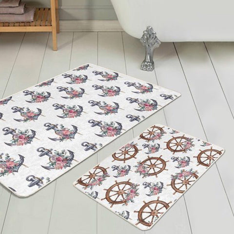 Set of 2 Nautical Bath Mat|Non-Slip Bathroom Decor|Floral Anchor Bath Rug|Wheel Kitchen Floor Mat|Rectangle Shower and Home Entrance Carpet