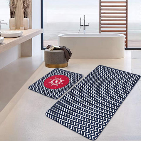 Set of 2 Nautical Bath Mat|Non-Slip Bathroom Decor|Anchor Bath Rug|Wheel Kitchen Floor Mat|Zigzag Coastal Shower and Home Entrance Carpet